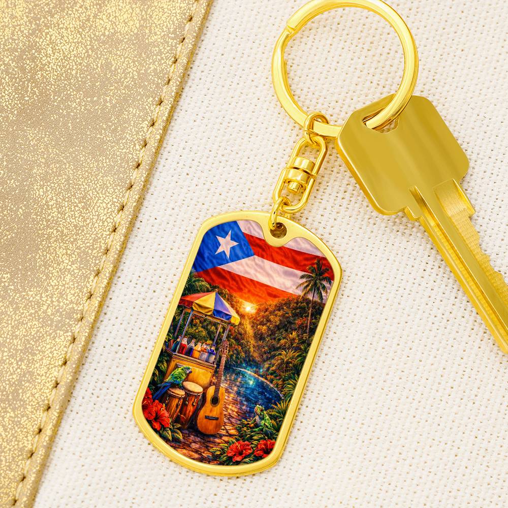 Engraved Puerto Rico Flag Latin American Culture Dog Tag Necklace or Keychain