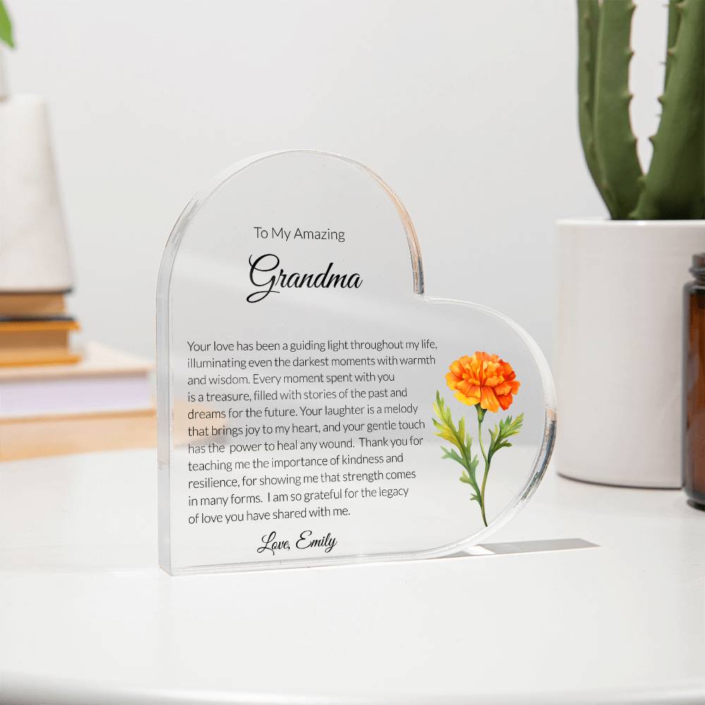 Grandma Acrylic Heart Plaque with personalized birth flower