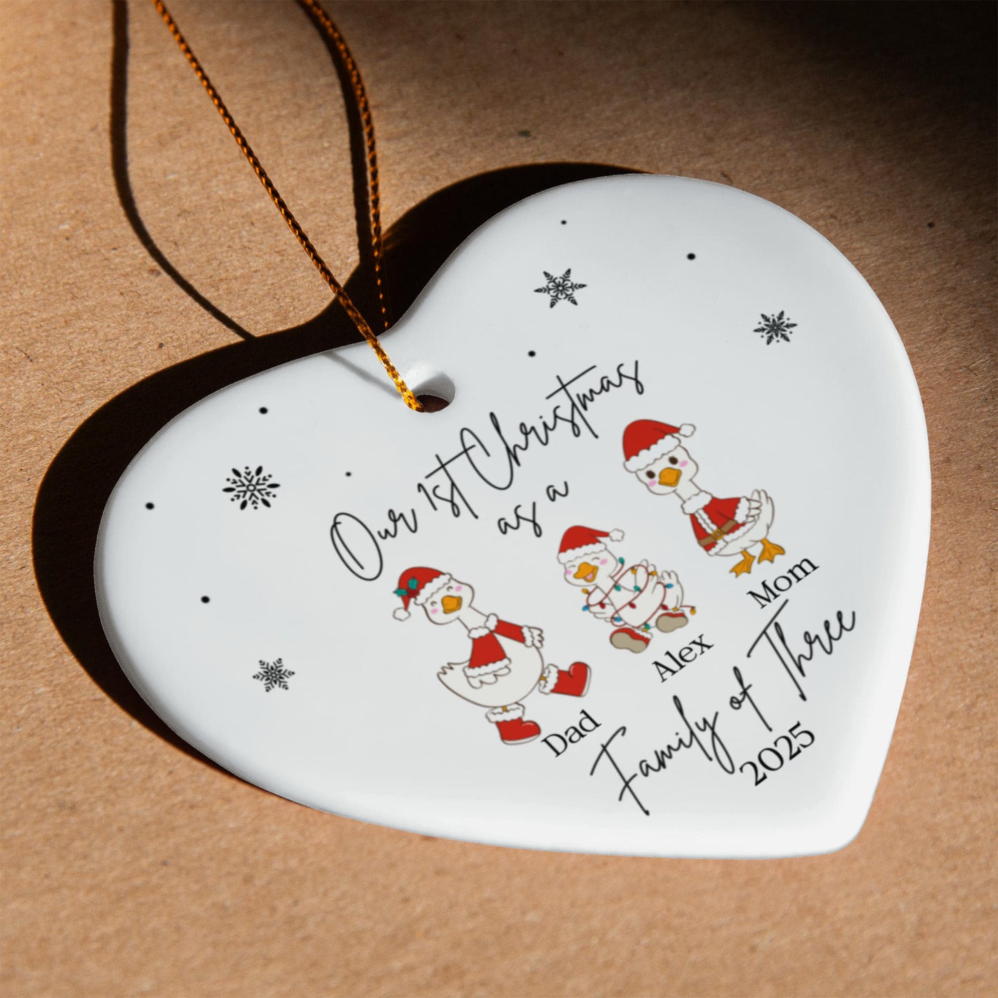 Family of Three Goose Ornament, Christmas Tree Decoration, Heart Ceramic Ornament, Personalized Family Keepsake, Holiday Home Decor