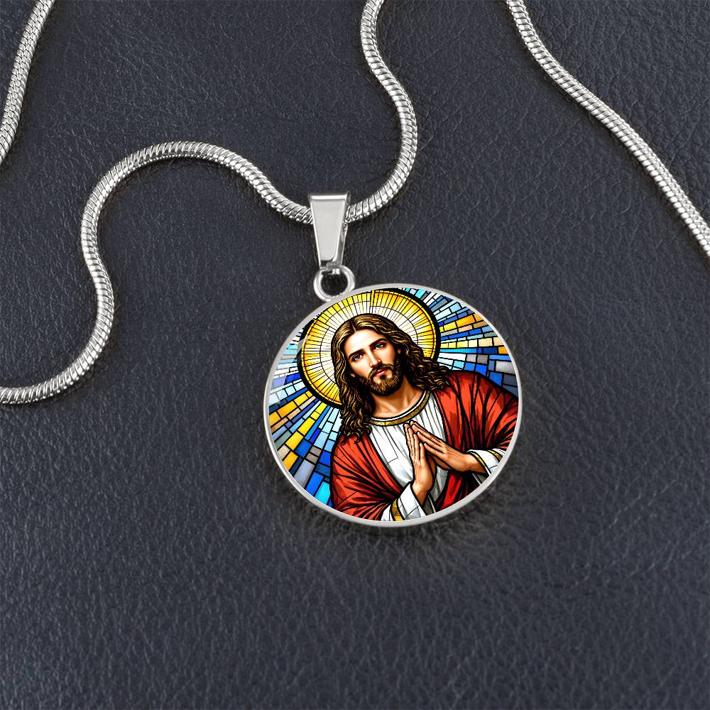 Personalized Jesus Faux Stain Glass Pendant Necklace