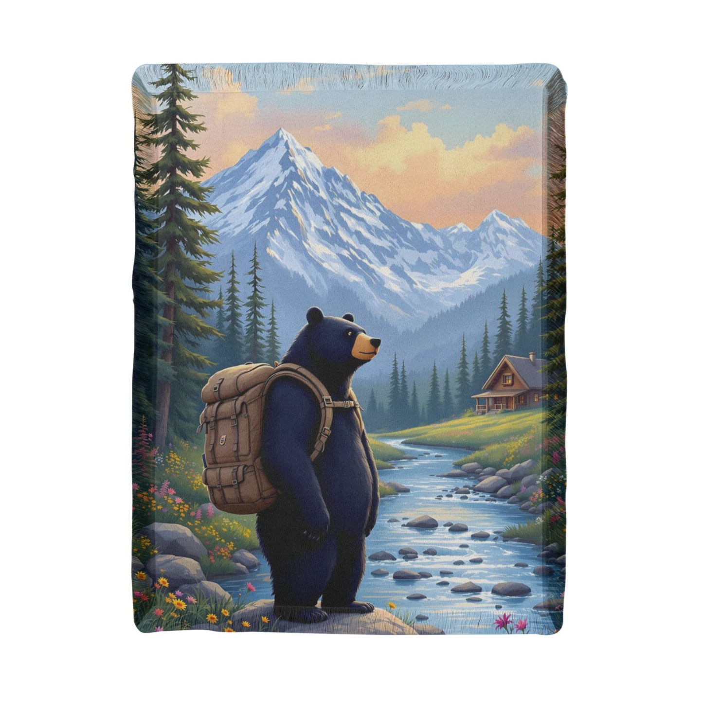 Camping Mountain Cabin Woven Throw Blanket
