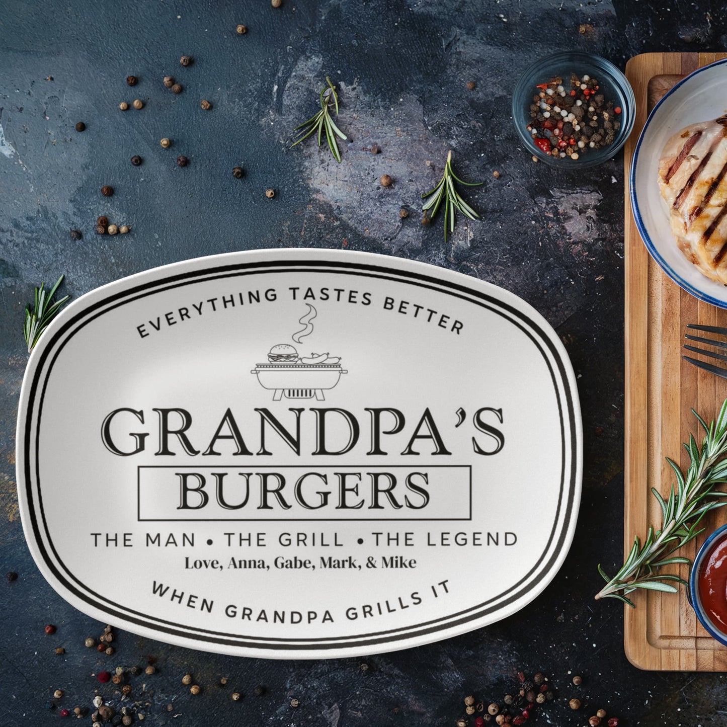 Dads Burger Personalized Plate, BBQ Platter, Custom Grill Gift, Outdoor Dining, Unique Fathers Day Gift, Grilling Accessories