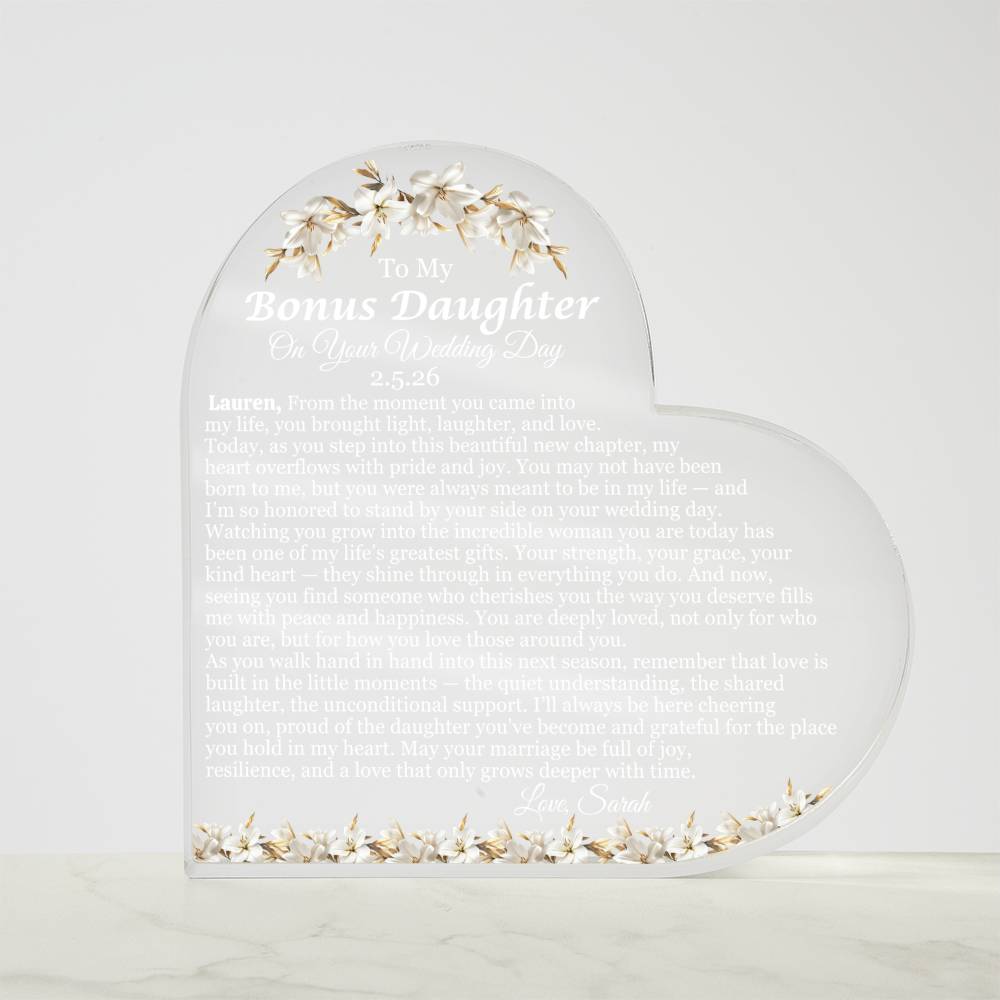To My Bonus Daughter On Your Wedding Day Acrylic Heart Plaque