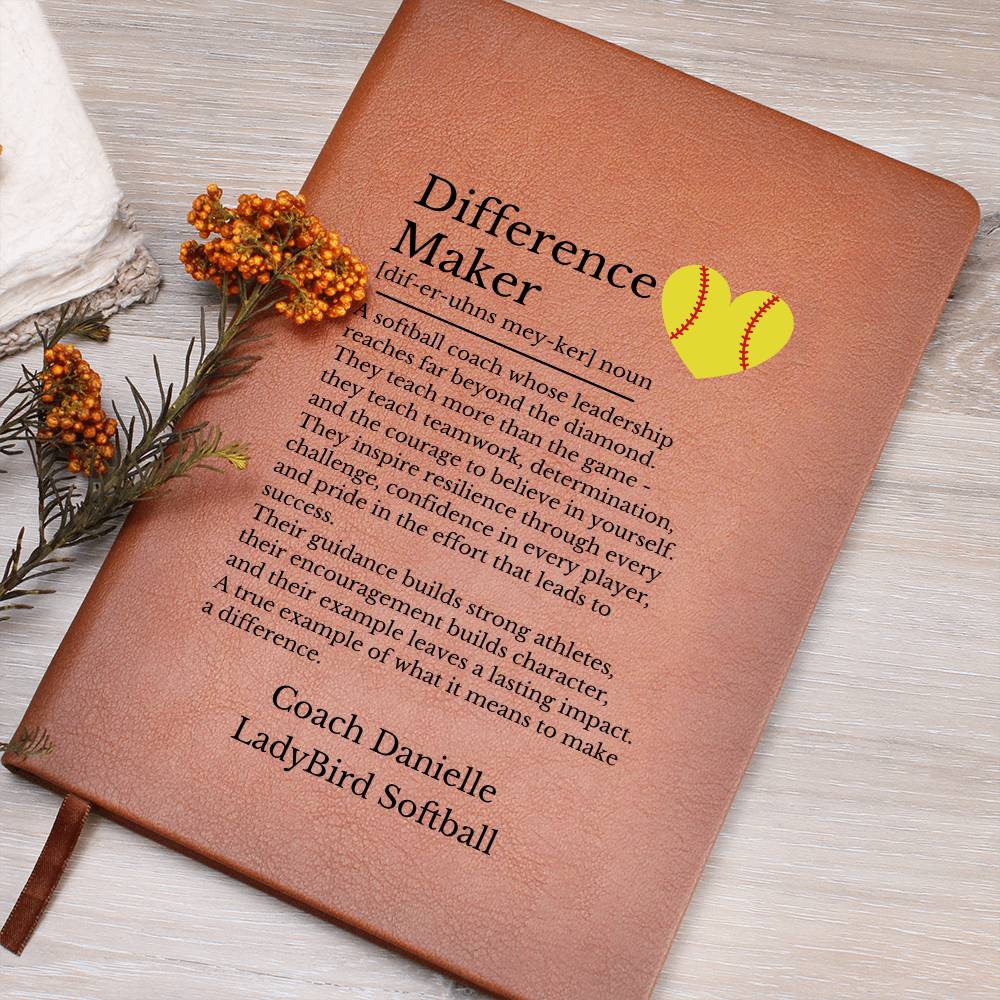 Softball Coach Gift, Leather Journal for Coaches, Inspirational Notebook, Personalized Gift for Mentor, Vegan Leather Diary, Teacher Appreciation