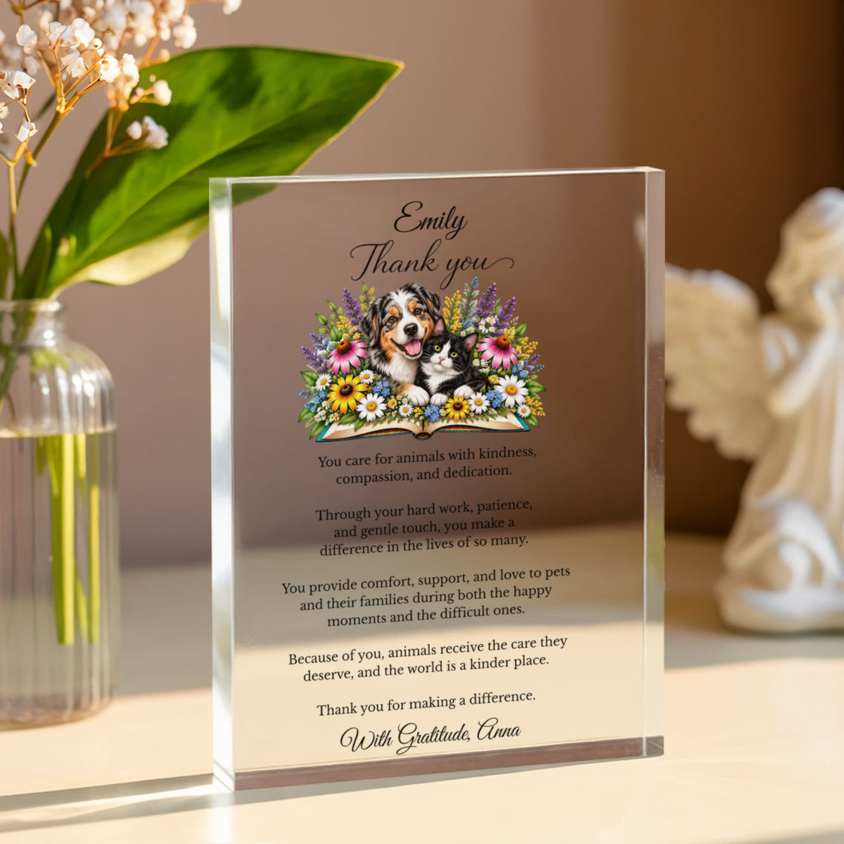 Vet Tech Thank You Gift, Animal Care Appreciation Acrylic Block, Dog and Cat Veterinary Gift, Pet Clinic Decor, Compassionate Care Tribute
