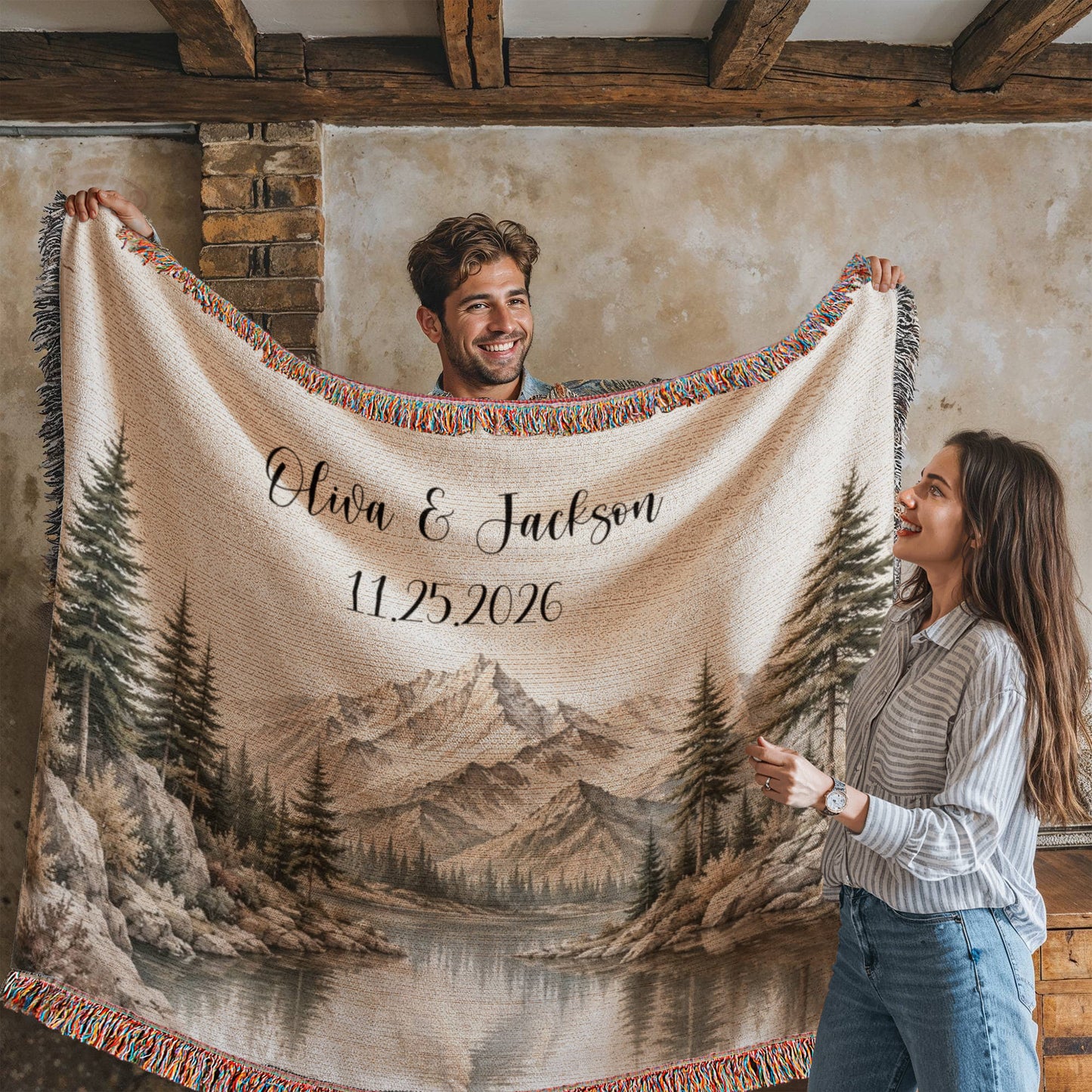 Custom Couples Woven Blanket, Personalized Wedding Gift with Names and Date, Mountain Forest Throw, Anniversary Gift 100% Cotton