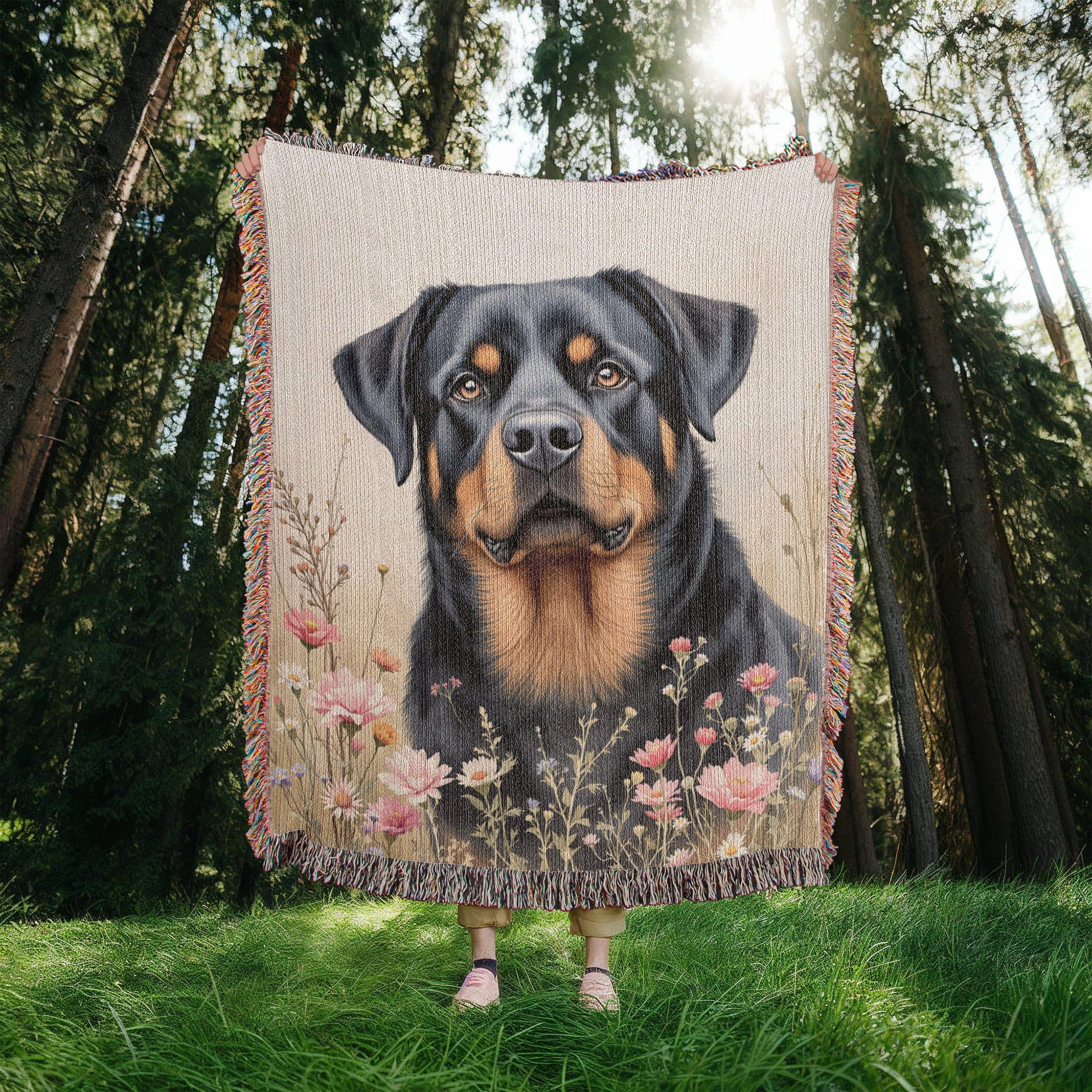 Rottweiler Wildflower Woven Cotton Throw Blanket-[Heartfelt Family Gift]