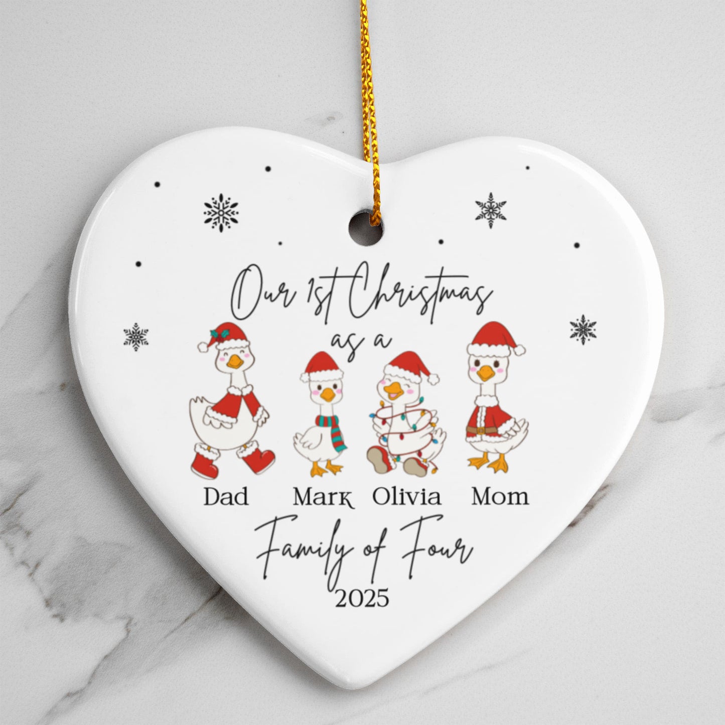 Family of Four Goose Ornament, Christmas Tree Decoration, Heart Ceramic Ornament, Personalized Family Keepsake, Holiday Home Decor