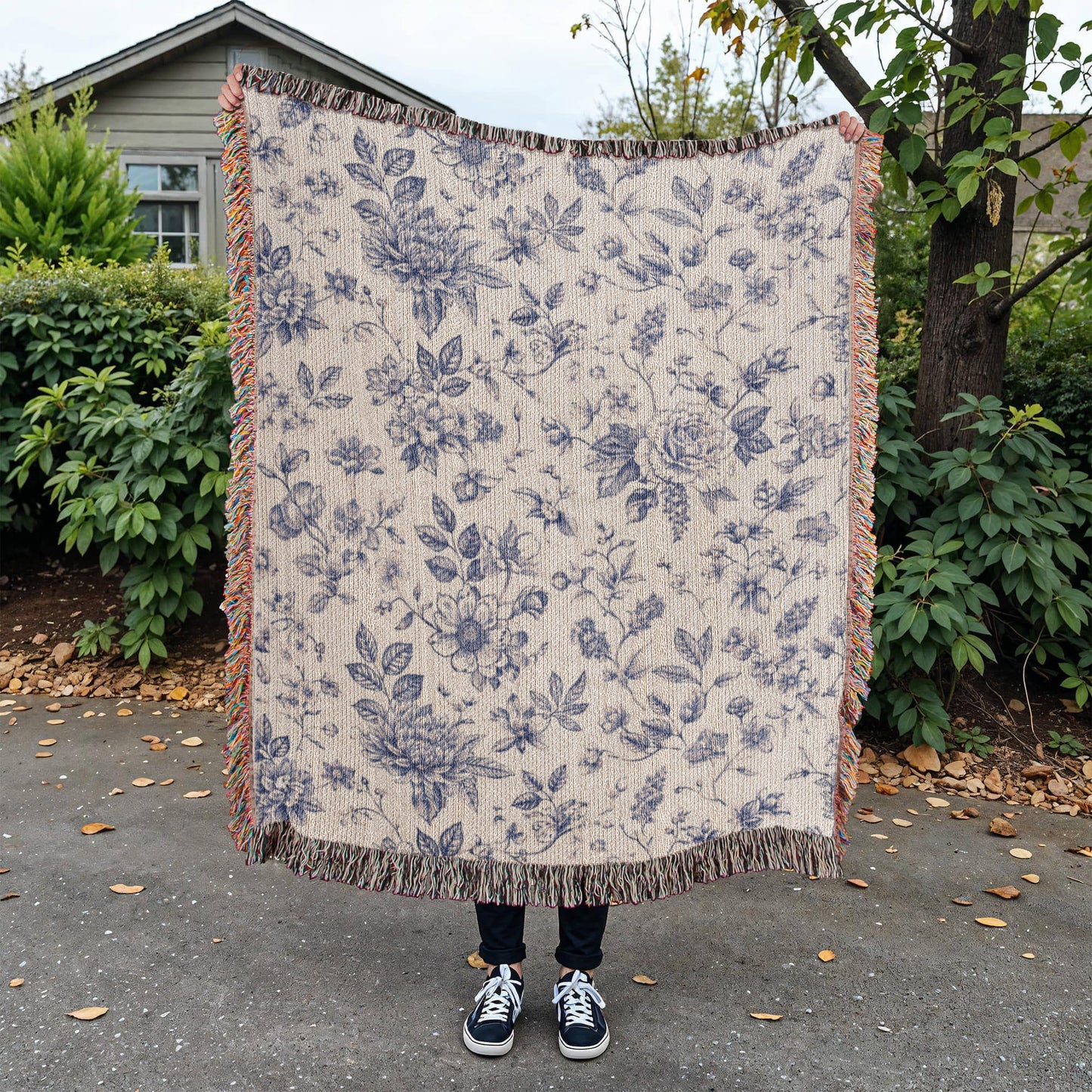 Toile de Jouy Woven Blanket, Blue Floral Tapestry Throw, French Country Decor, Floral Pattern Blanket, Gift for Loved Ones