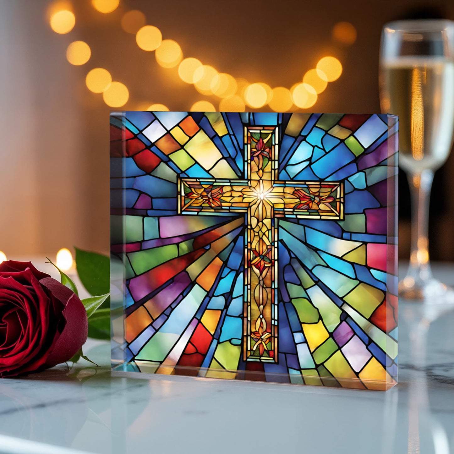 Cross Stained Glass Style Acrylic Block
