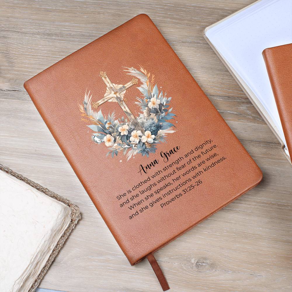 Personalized Bible Verse Journal, Proverbs 31:25 Leather Notebook, Christian Gift for Women, Custom Name Scripture Keepsake