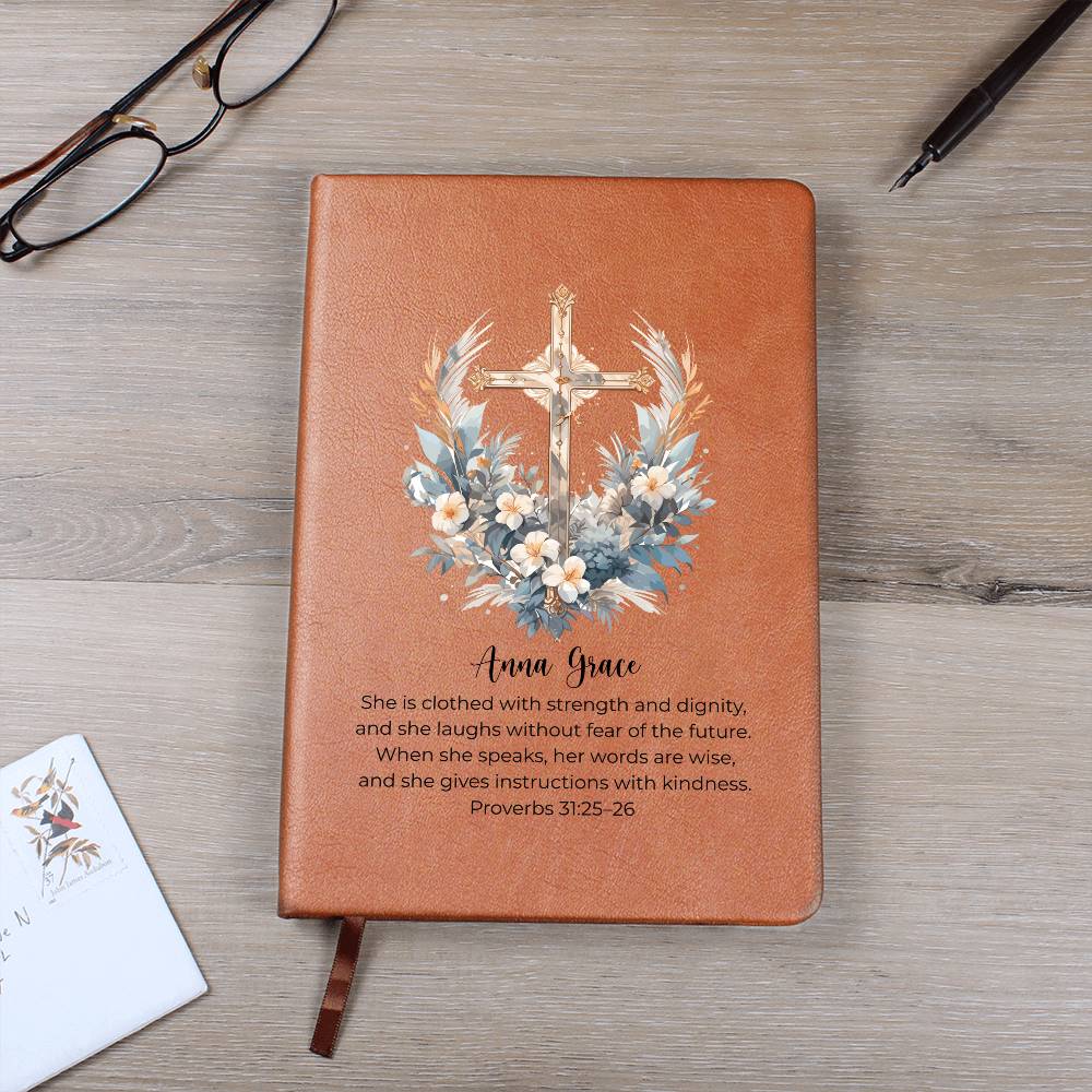 Personalized Bible Verse Journal, Proverbs 31:25 Leather Notebook, Christian Gift for Women, Custom Name Scripture Keepsake