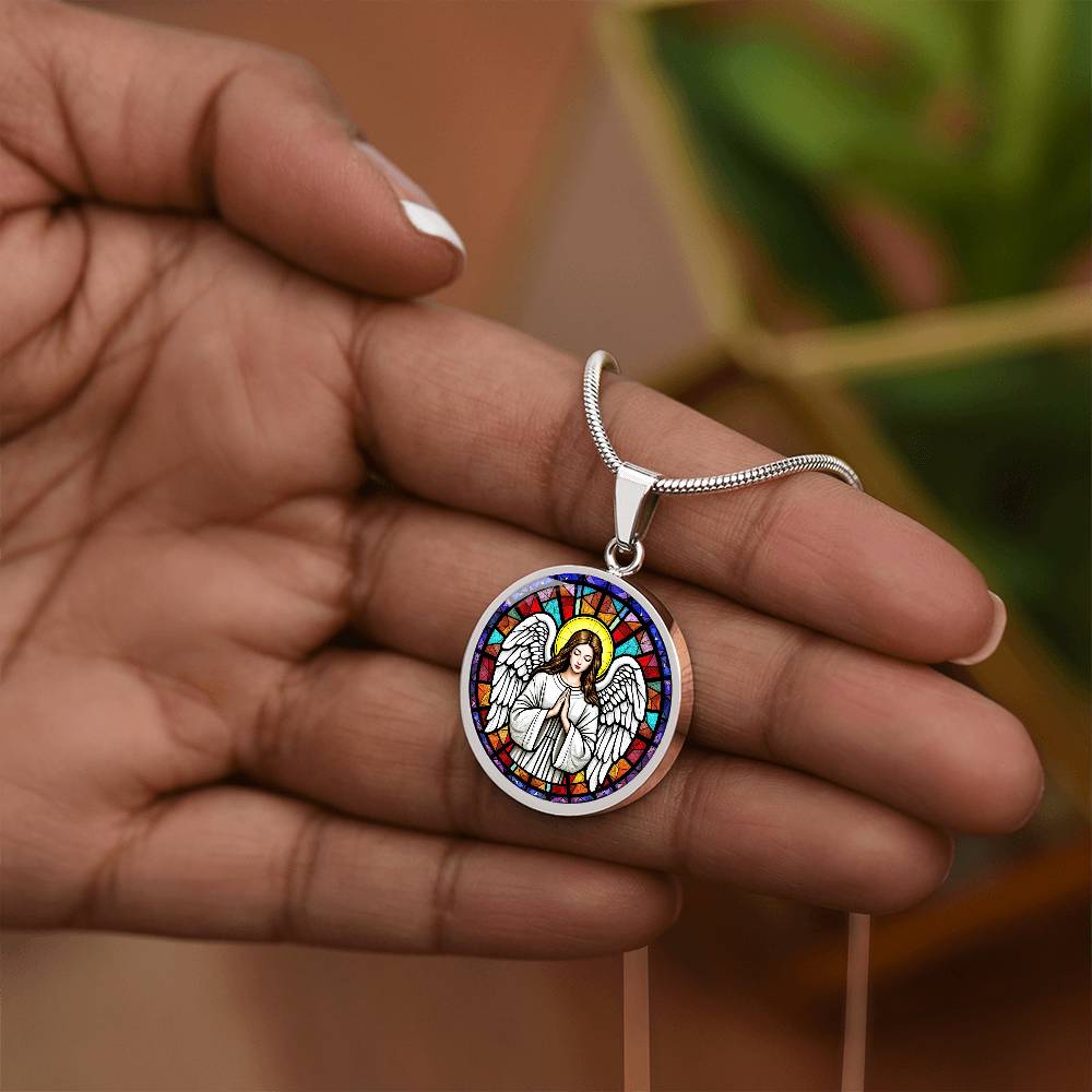 Guardian Angel Faux Stain Glass Pendant Necklace