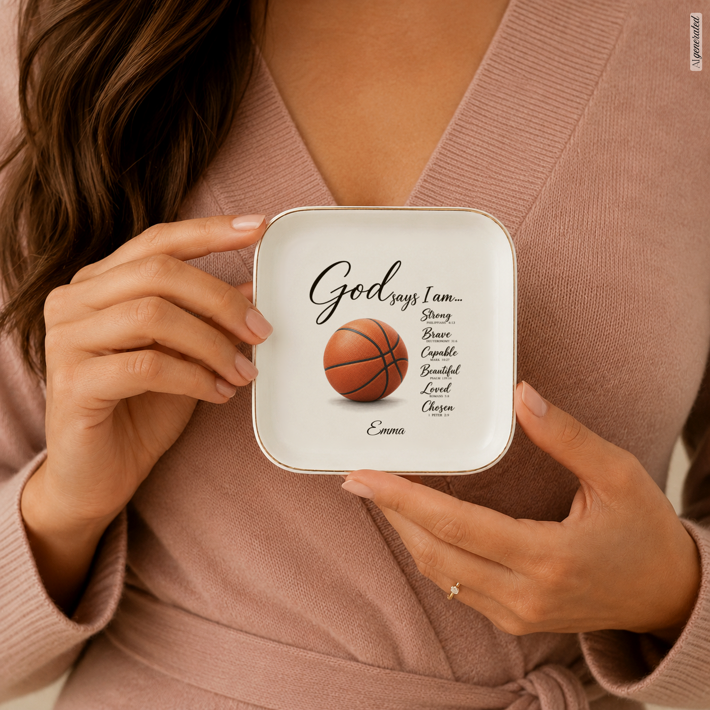 Personalized Christian Basketball Jewelry Dish, Faith Gift for Basketball Player, Encouragement Keepsake, God Says I Am Trinket Tray