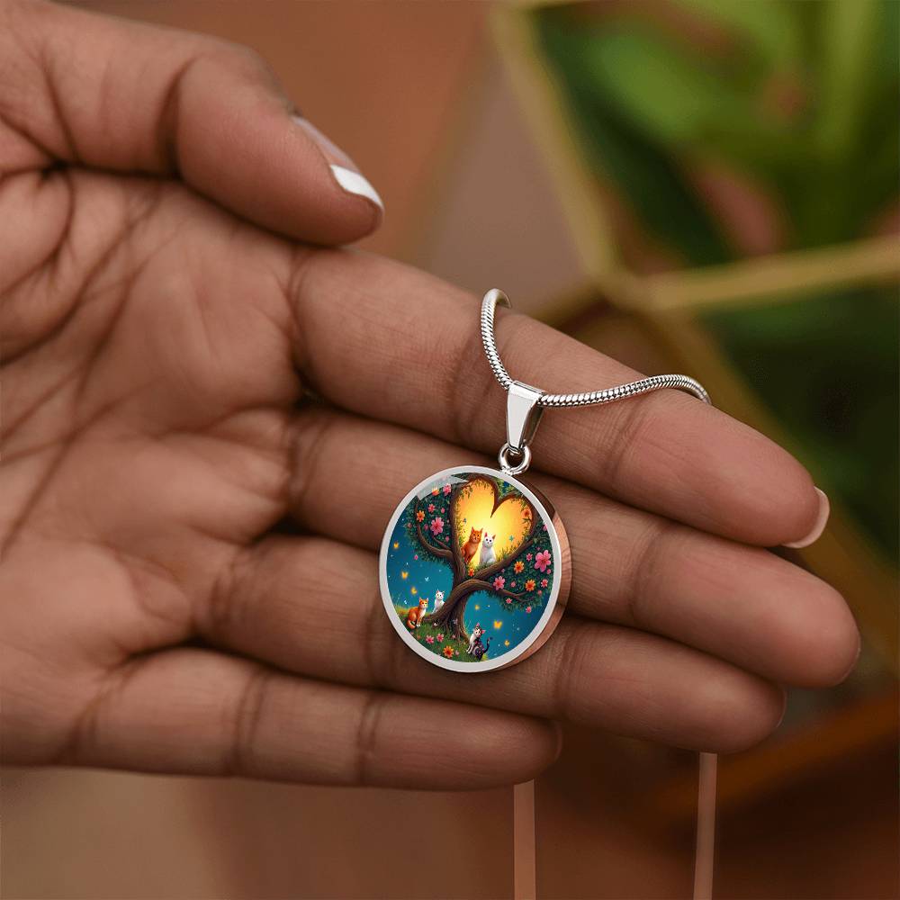 Personalized Cat Lover Pendant Necklace, Engraved Cat Jewelry, Unique Cat Gift, Heart-Shape Tree Design, Pet Memorial Jewelry, rainbow bridge