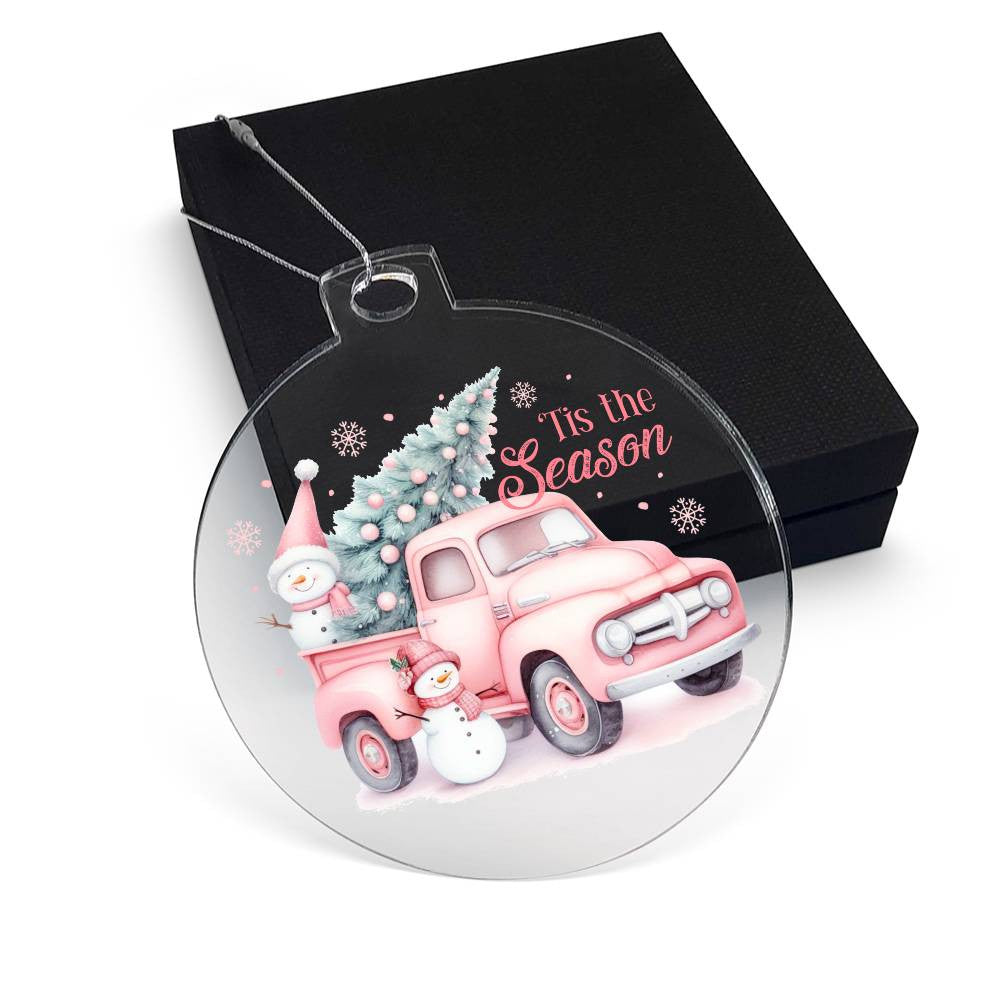 Pink Xmas Tree Pickup Truck Tis the Season Acrylic Christmas Ornament-[Heartfelt Family Gift]