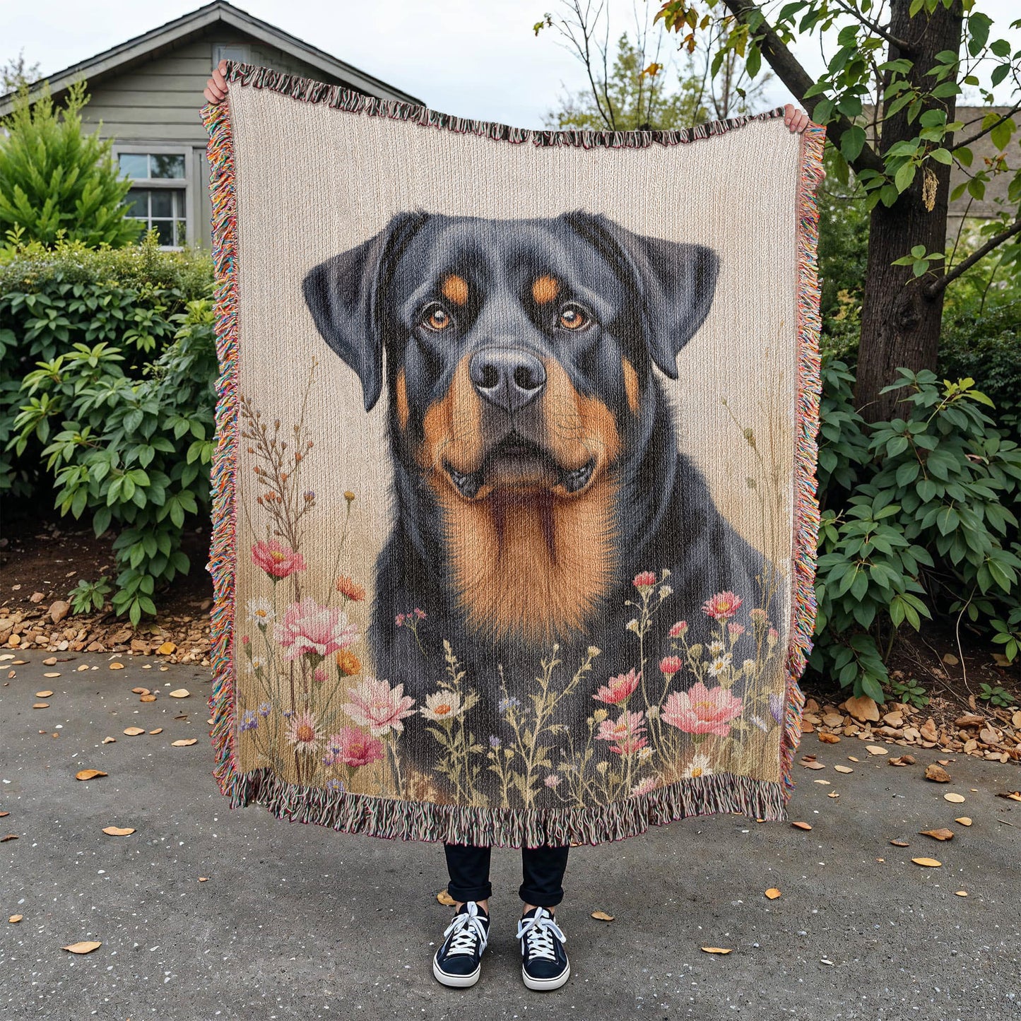 Rottweiler Wildflower Woven Cotton Throw Blanket-[Heartfelt Family Gift]