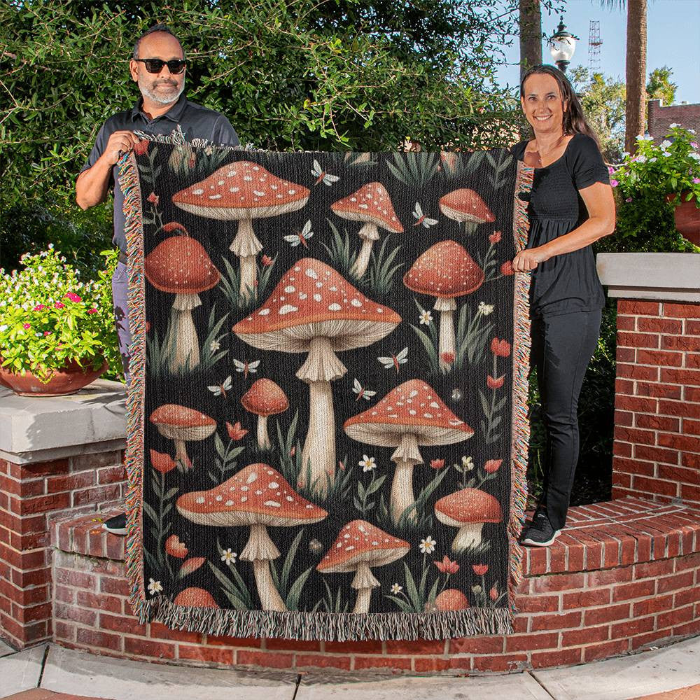 Cottagecore Mushroom and Dragonfly Woven Blanket-[Heartfelt Family Gift]