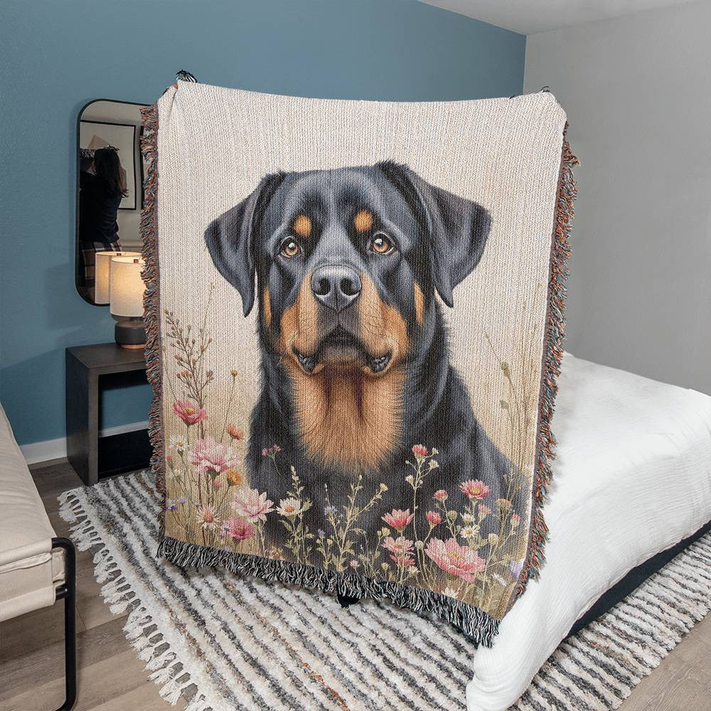 Rottweiler Wildflower Woven Cotton Throw Blanket-[Heartfelt Family Gift]
