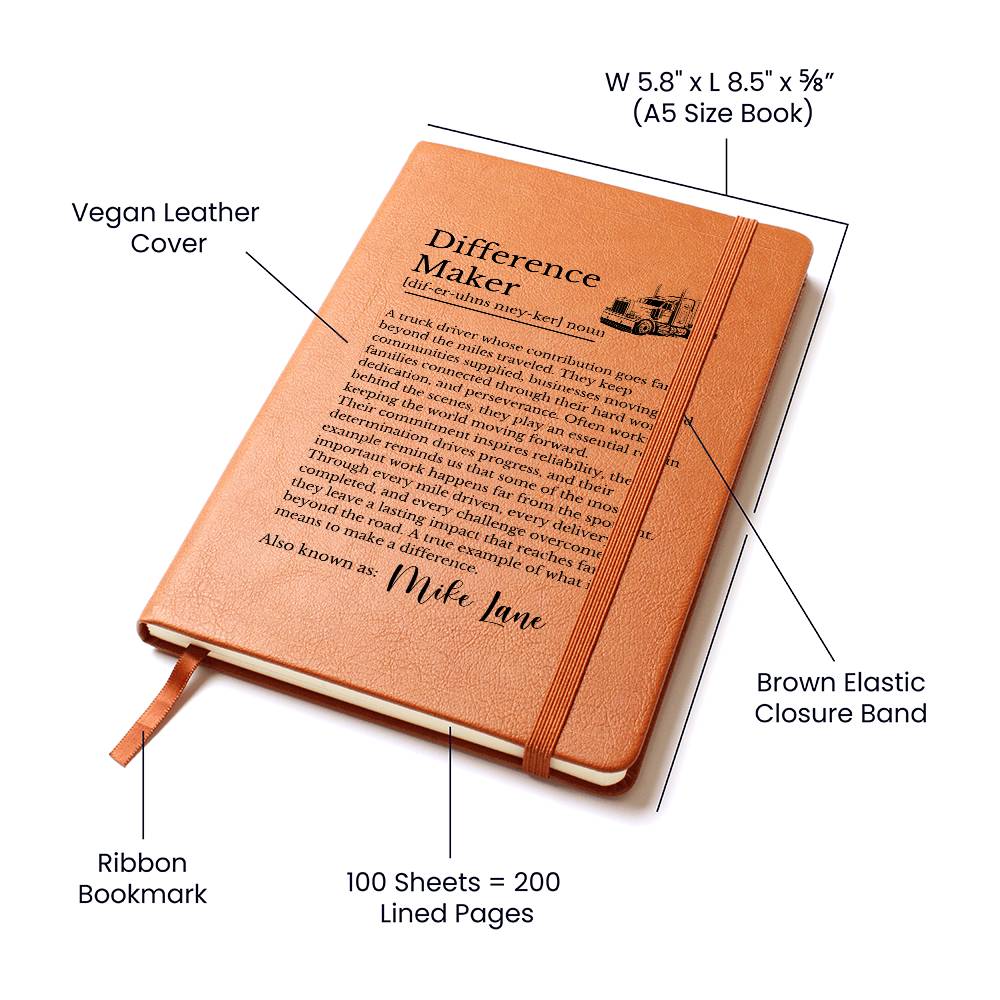 Truck Driver Journal, Vegan Leather Notebook, Personalized Gift for Truckers, Travel Diary