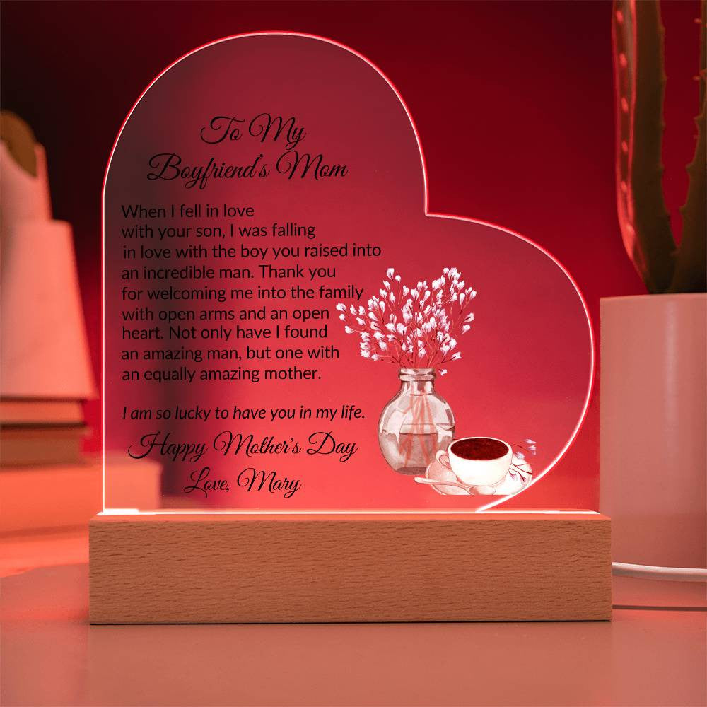 Boyfriends Mom Acrylic Heart Plaque with 2 Lines Personalized Text-[Heartfelt Family Gift]
