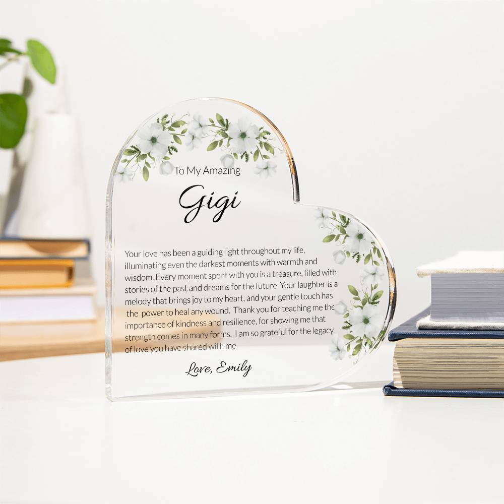 Gigi Acrylic Heart Plaque, Heart Plaque for Grandma, Personalized Grandma Gift, Sentimental Keepsake, Floral Acrylic Decor, Mother's Day Gift