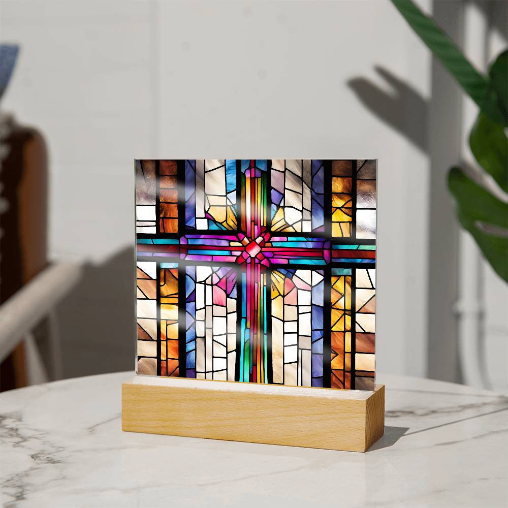 LED Acrylic Cross - Baptism Easter and Confirmation Gift - Faux Stained Glass Decor
