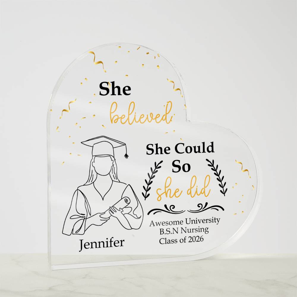 Personalized Graduation Heart Plaque Gift, She Believed She Could So She Did