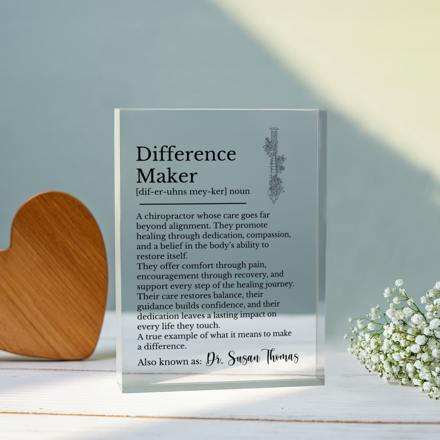 Chiropractor Gift, Difference Maker Plaque, Personalized Award, Chiropractic Decor, Appreciation Plaque, Retirement Gift, Custom Name Plaque