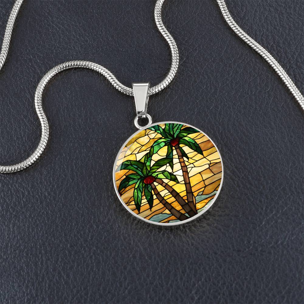 Palm Tree Stained Glass Style Pendant Necklace