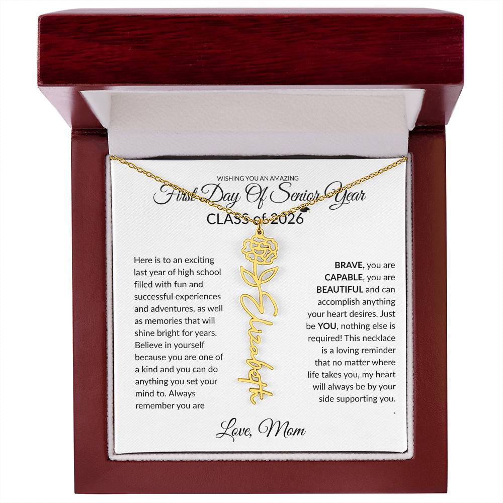 1st Day of Senior Year Class of 2026 Birthflower Name Necklace