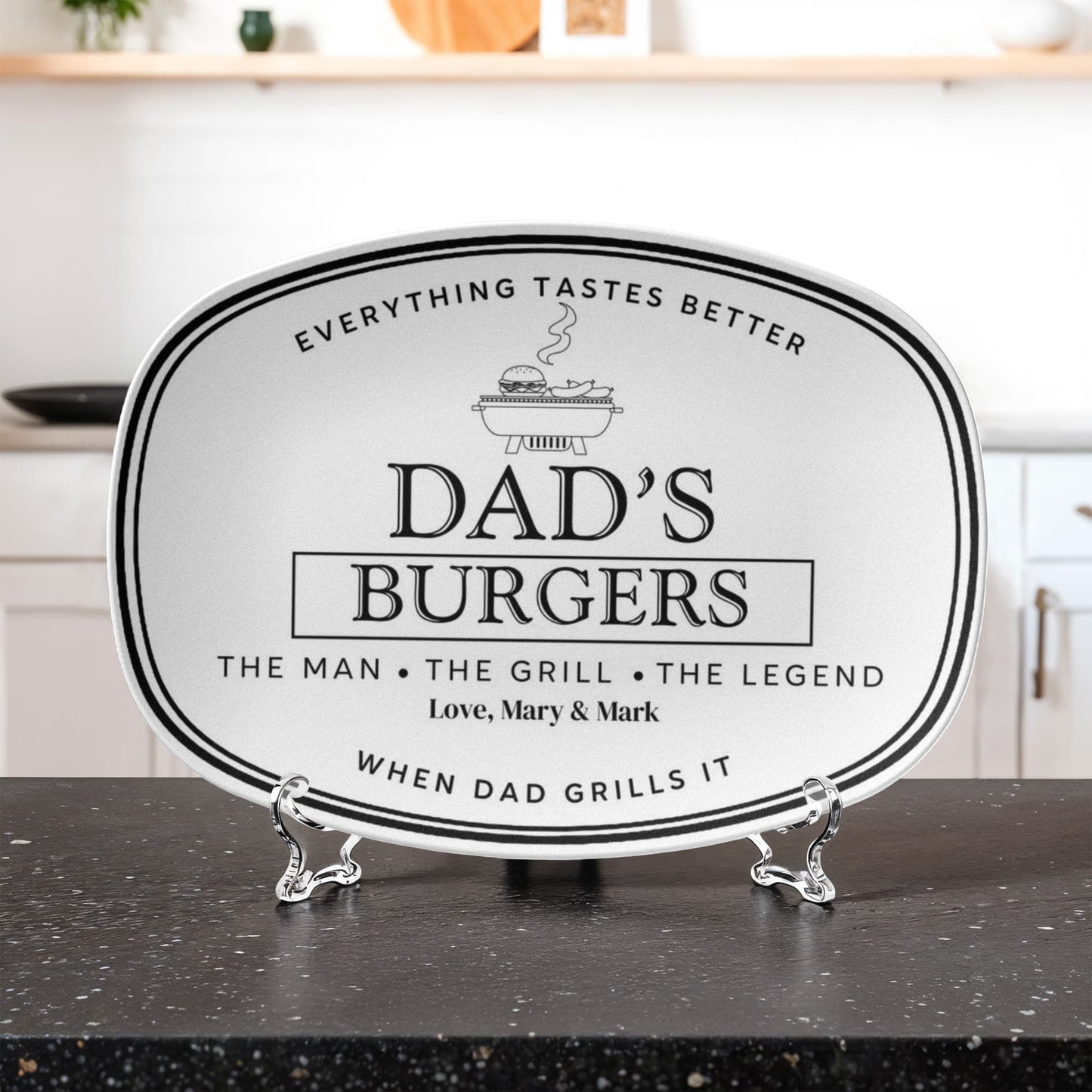 Dads Burger Personalized Plate, BBQ Platter, Custom Grill Gift, Outdoor Dining, Unique Fathers Day Gift, Grilling Accessories