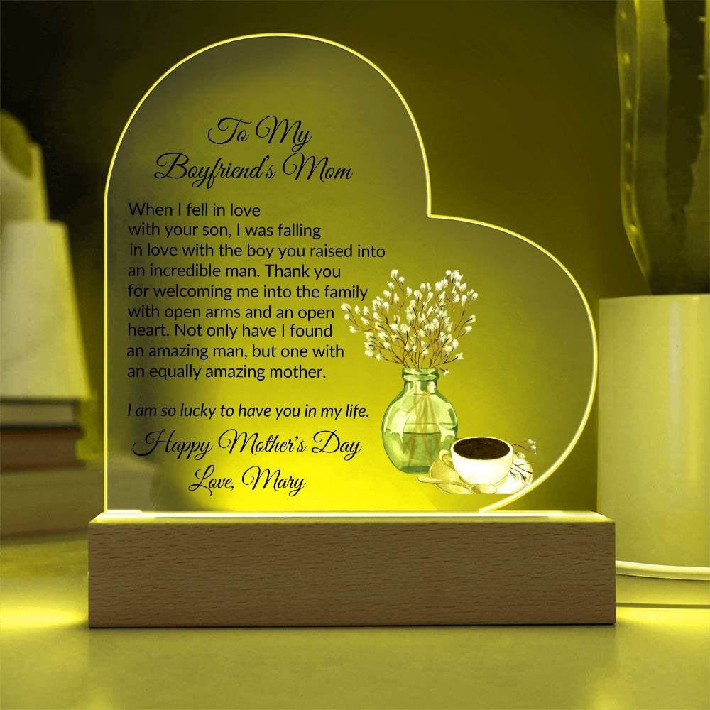 Boyfriends Mom Acrylic Heart Plaque with 2 Lines Personalized Text-[Heartfelt Family Gift]