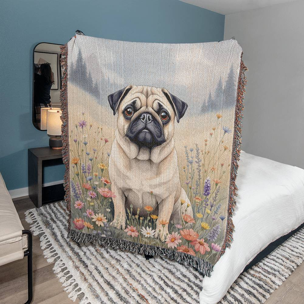 Pug Wildflower Woven Cotton throw Blanket-[Heartfelt Family Gift]