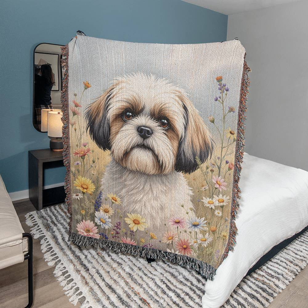 Shih Tzu Wildflower Woven Cotton Throw Blanket-[Heartfelt Family Gift]