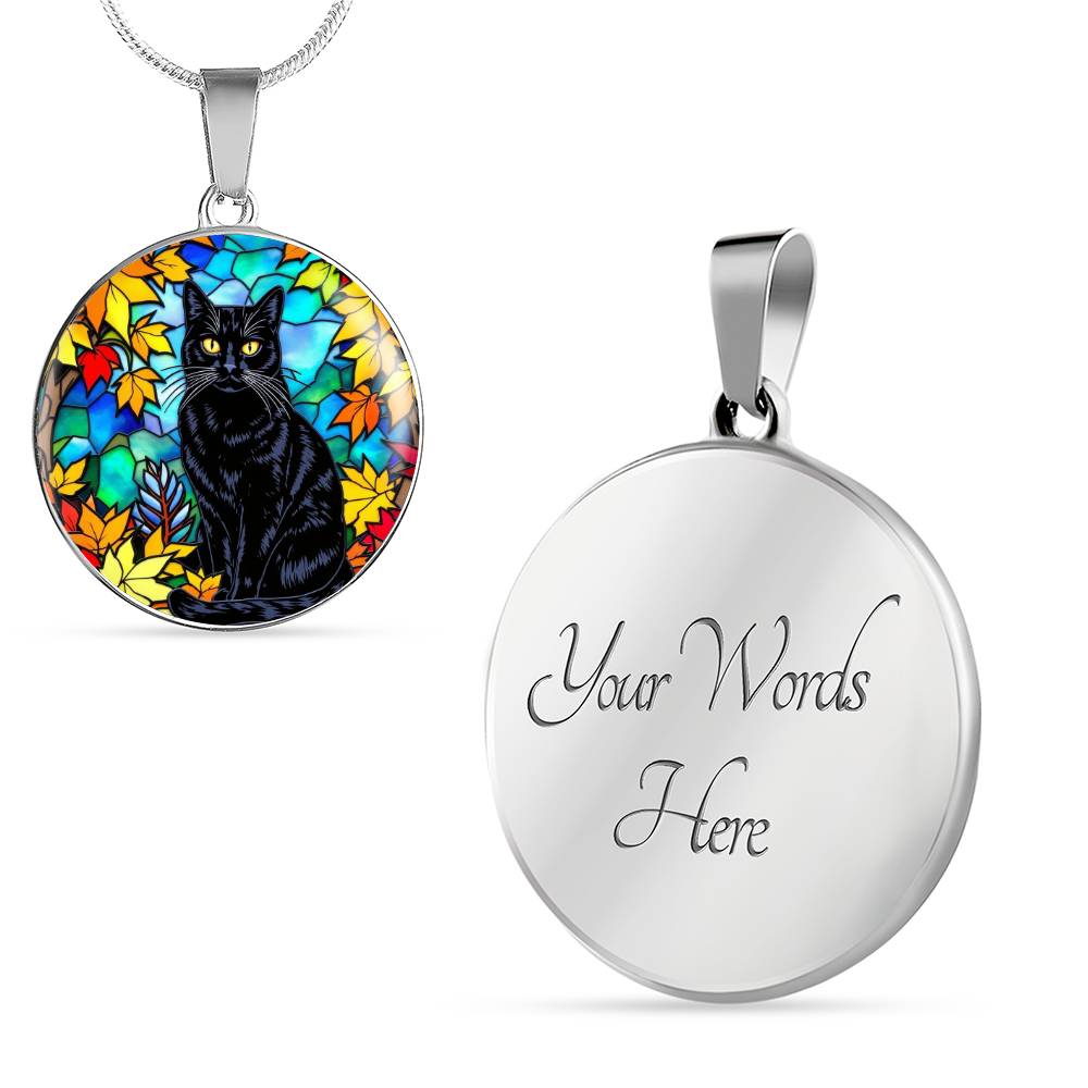 Fall Black Cat Pendant Necklace, Stained Glass Style, Autumn Leaves Jewelry, Cat Lover Gift, Halloween Statement Necklace, Unique Cat Pendant, Artistic Accessory