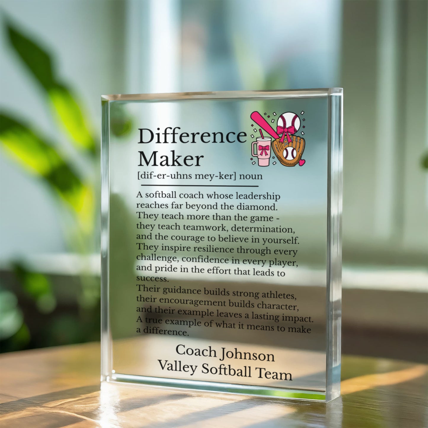 Softball Coach Difference Maker Plaque