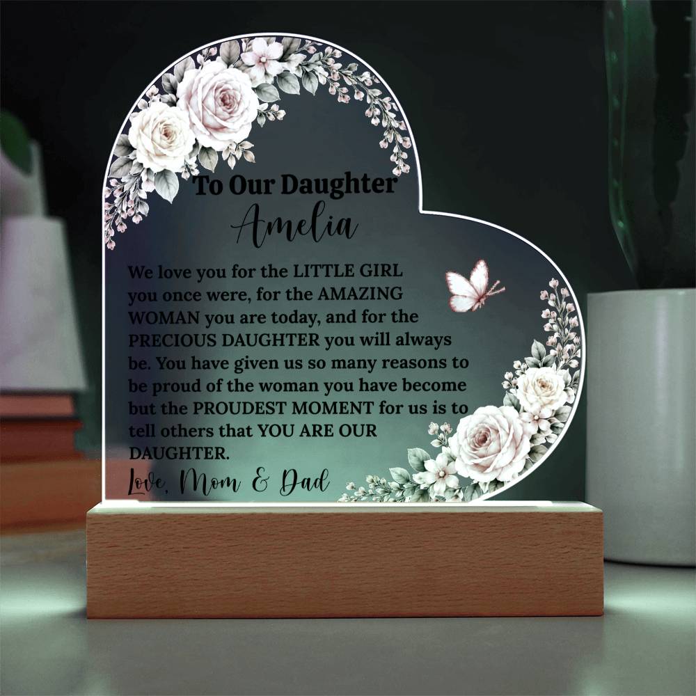 Daughter Lighted Heart Gift, Acrylic Plaque with LED Base, Color-Changing Heart for Birthday, Graduation Keepsake, Wedding Gift