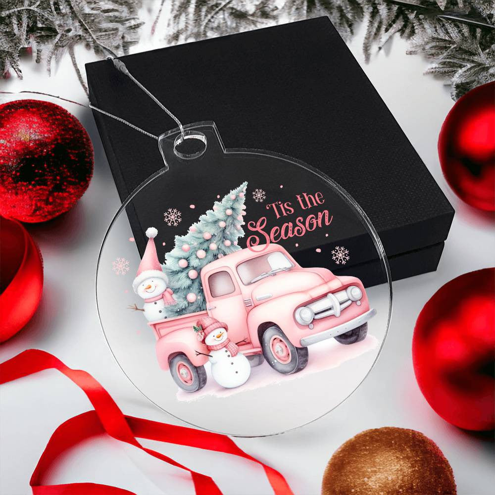 Pink Xmas Tree Pickup Truck Tis the Season Acrylic Christmas Ornament-[Heartfelt Family Gift]