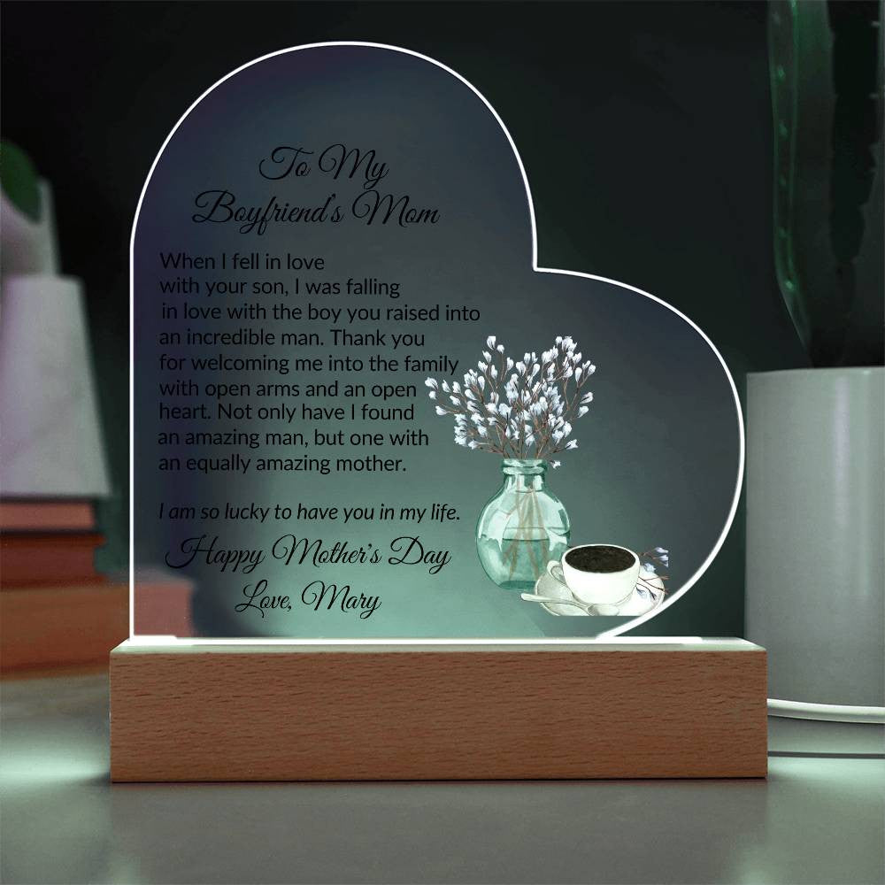 Boyfriends Mom Acrylic Heart Plaque with 2 Lines Personalized Text-[Heartfelt Family Gift]