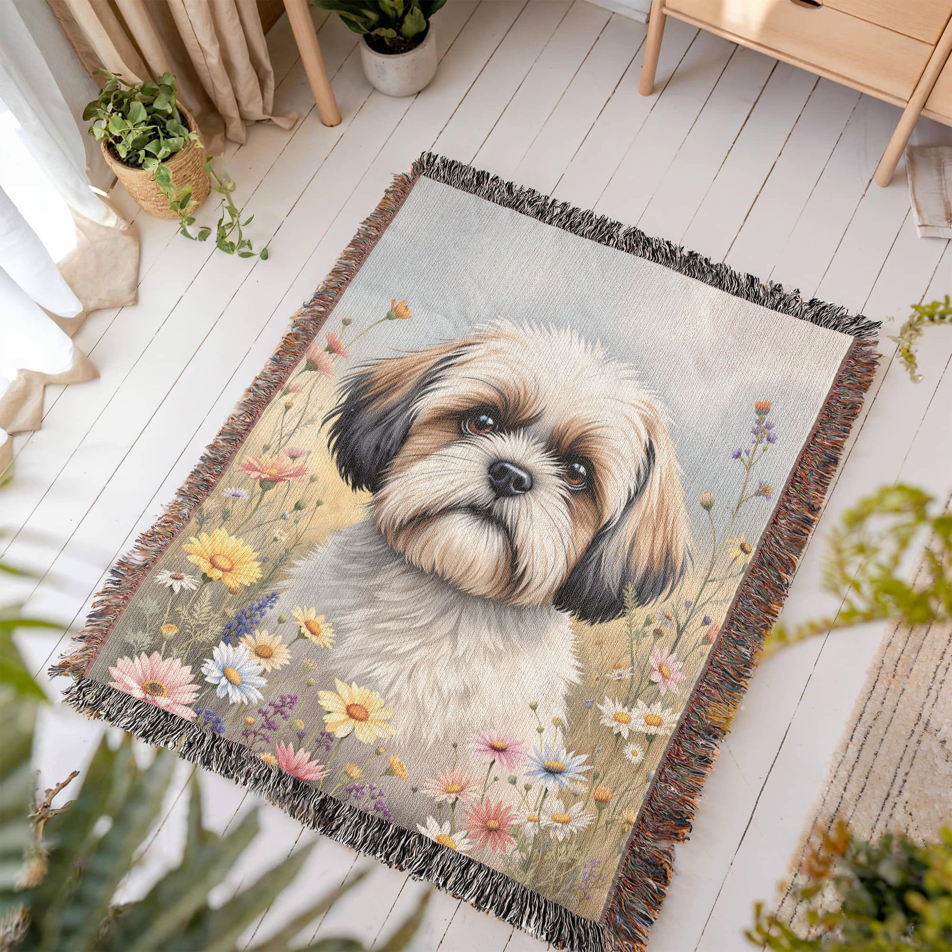 Shih Tzu Wildflower Woven Cotton Throw Blanket-[Heartfelt Family Gift]