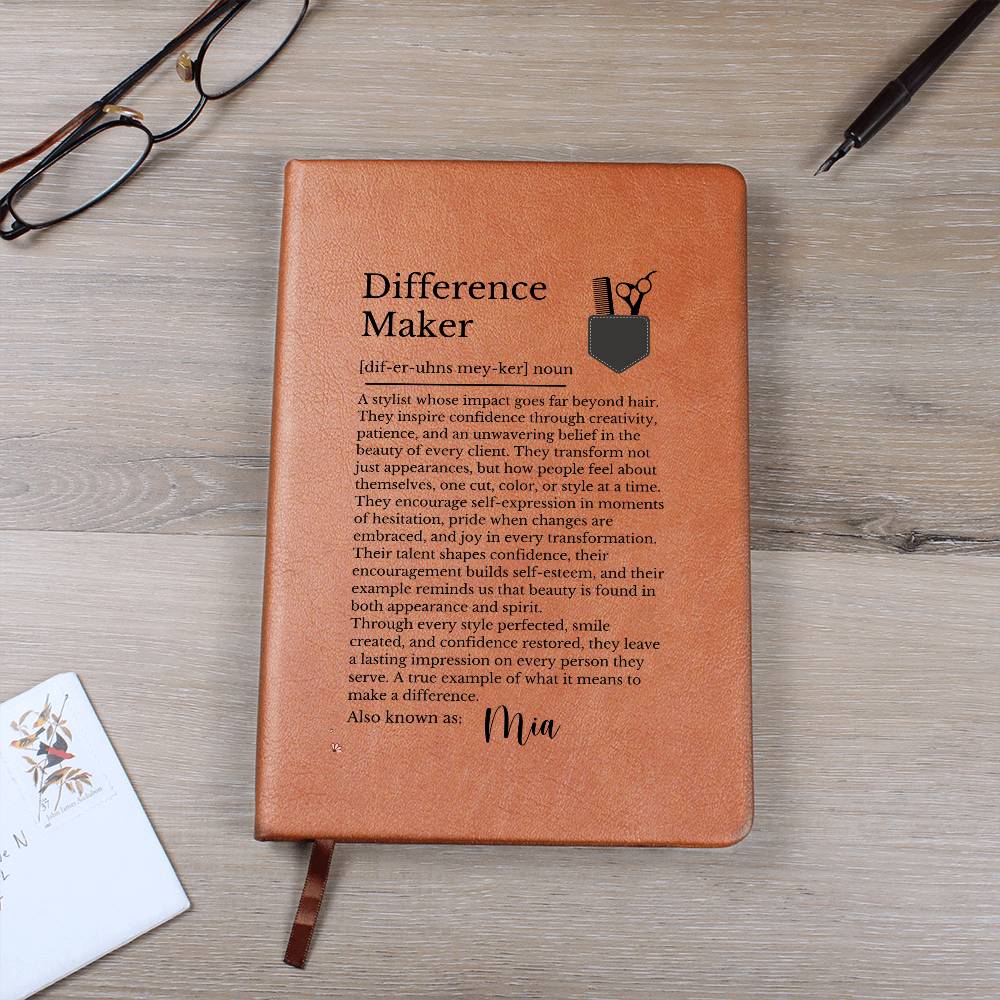 Hairdresser Journal Difference Maker Gift, Vegan Leather Notebook, Stylist Diary, Inspirational Hair Stylist Present, Custom Name