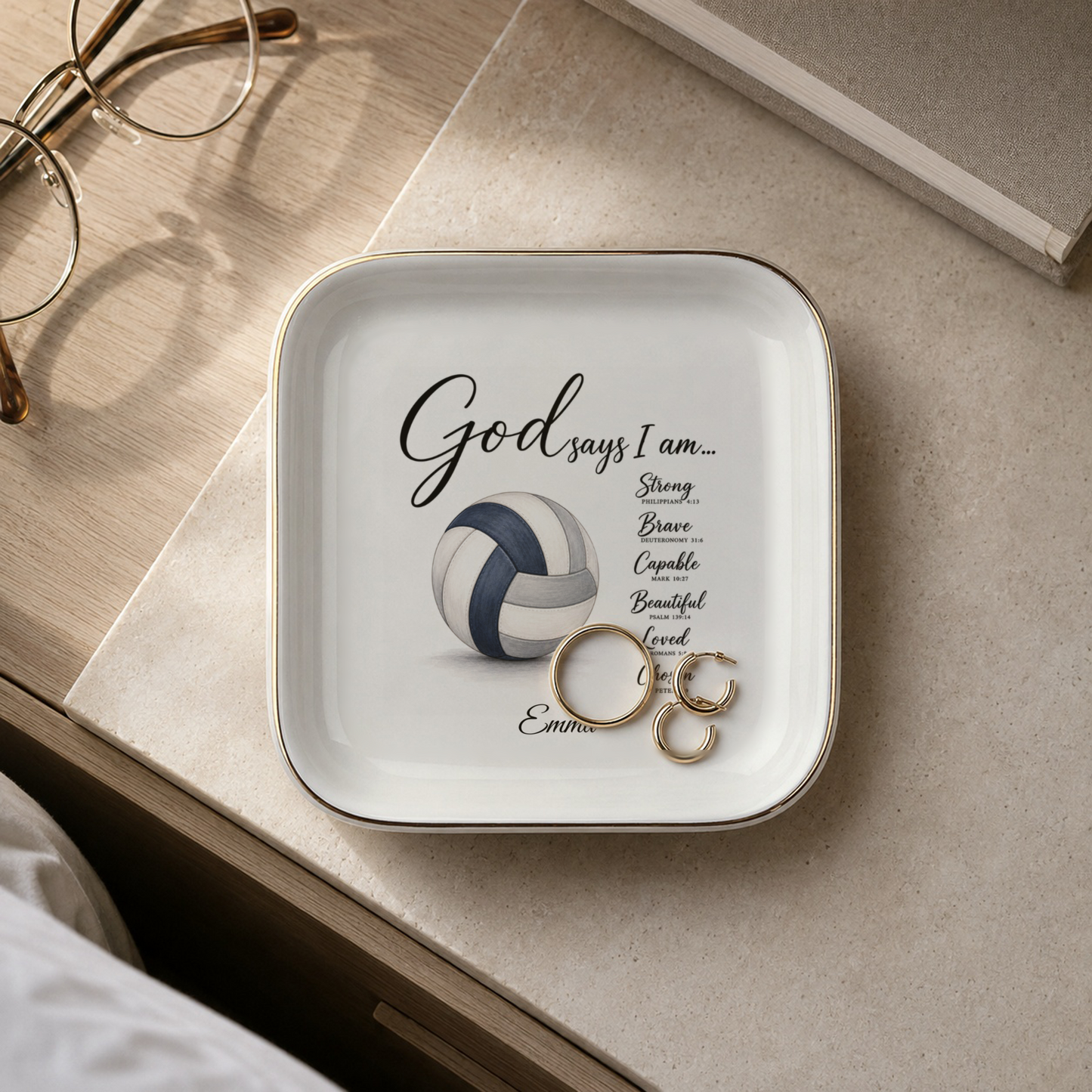 Christian Volleyball Jewelry Dish, Faith Gift for Volleyball Player, God Says I Am Trinket Tray, Inspirational Athlete Keepsake Gift