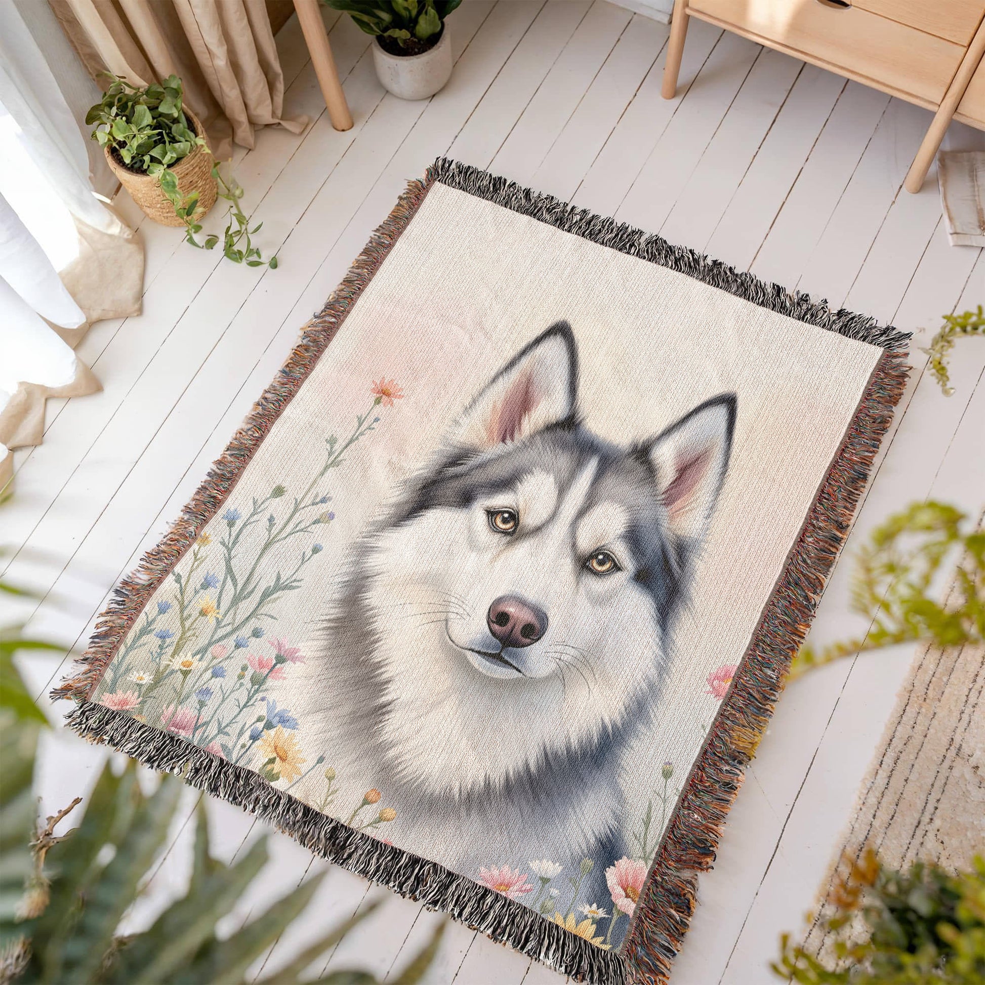 Husky Dog Wildflowers Woven Blanket-[Heartfelt Family Gift]
