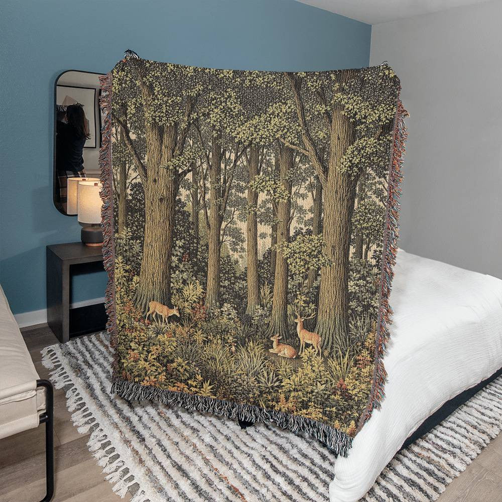 Forestcore Deer Woven Cotton Throw-[Heartfelt Family Gift]