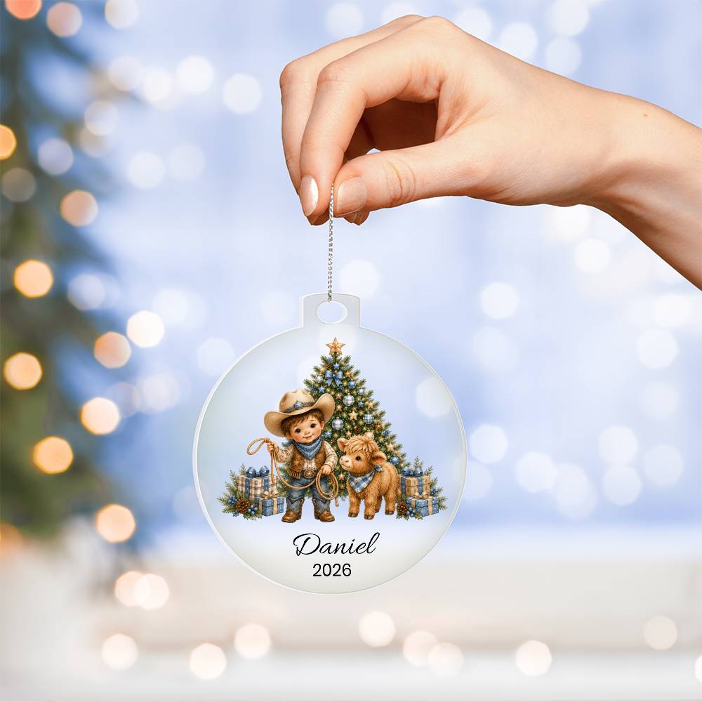 Highland Cow Cowboy Christmas Ornament