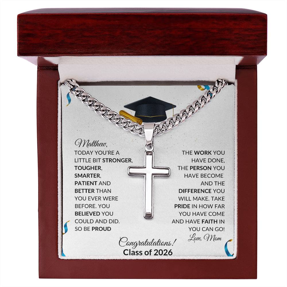 Graduation Cross Necklace Gift with Cuban Link Chain