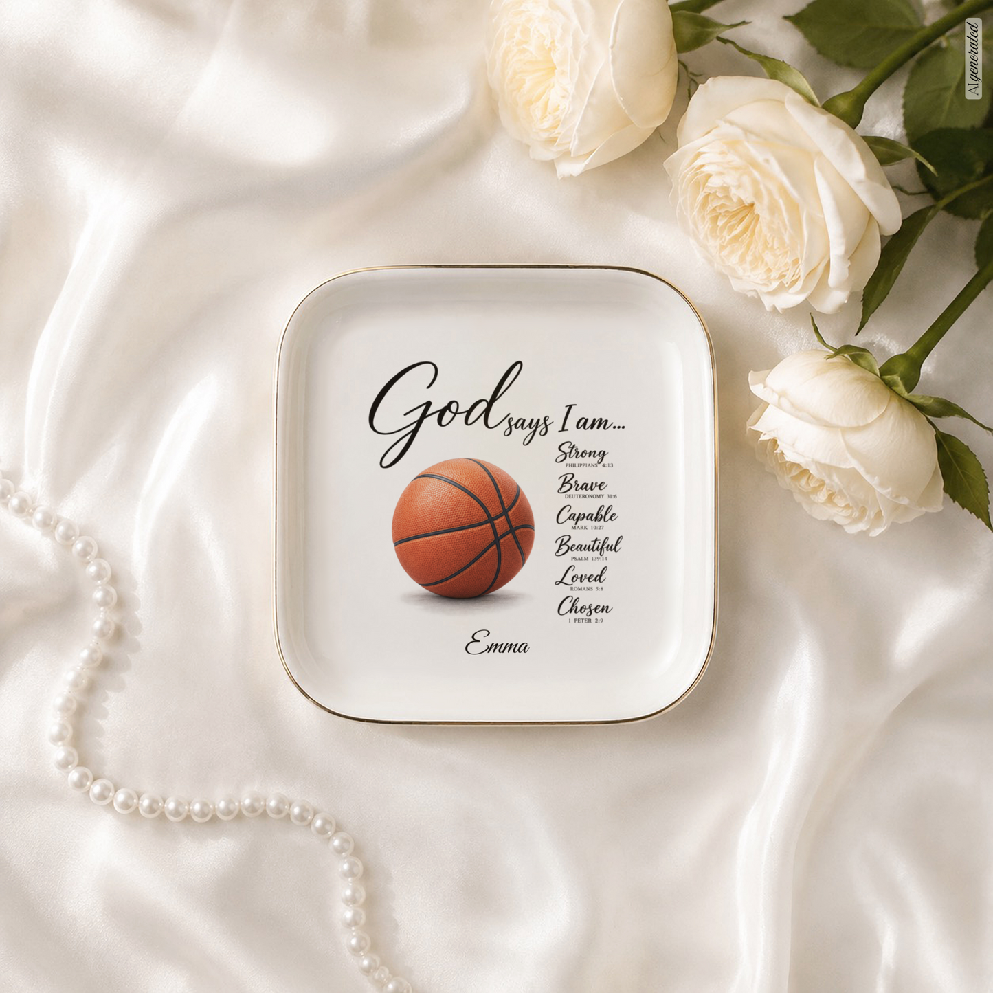 Personalized Christian Basketball Jewelry Dish, Faith Gift for Basketball Player, Encouragement Keepsake, God Says I Am Trinket Tray