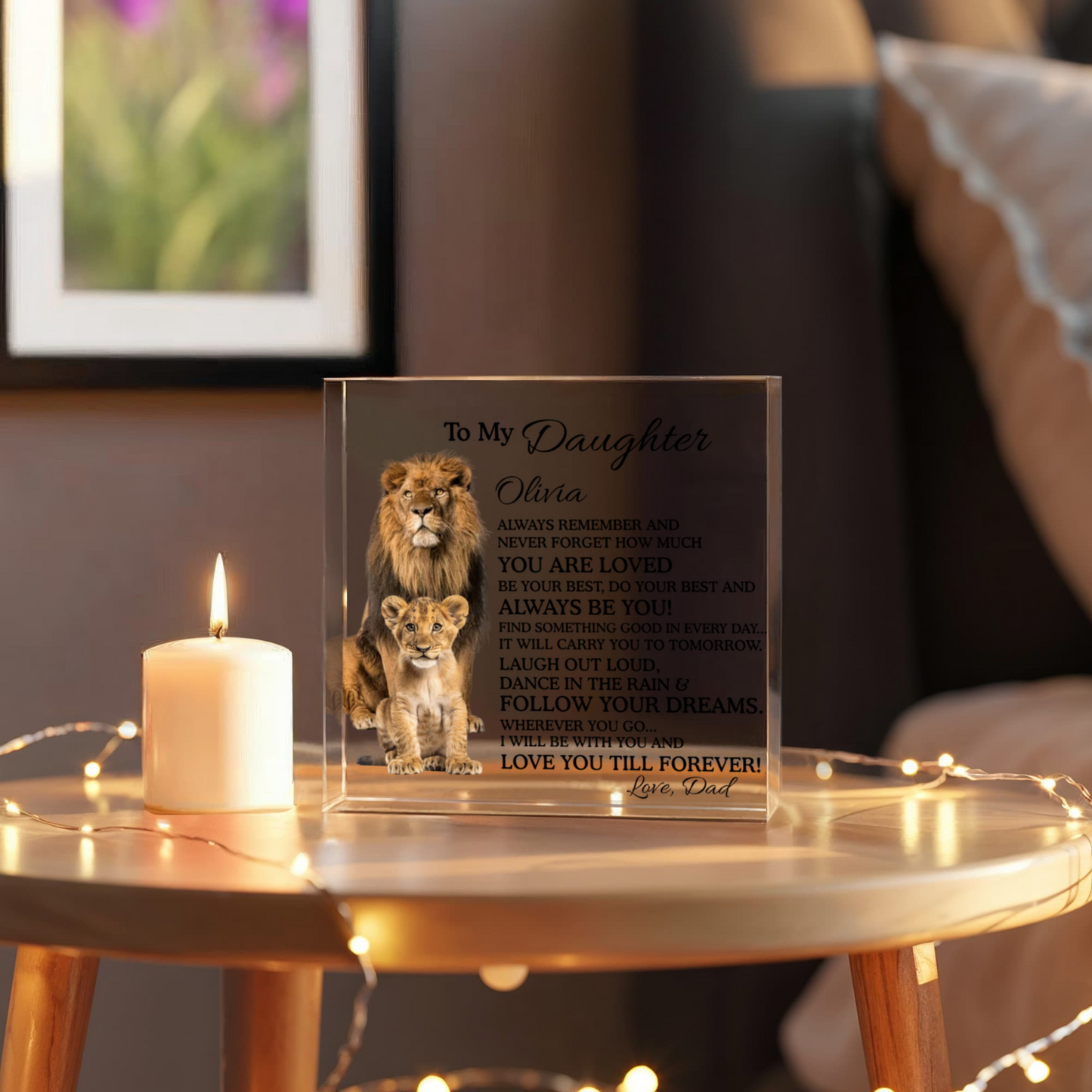 Personalized Daughter Gift, Lion and Cub Plaque, Custom Acrylic Block, Sentimental Desk Decor, Keepsake for Her, Birthday Gift