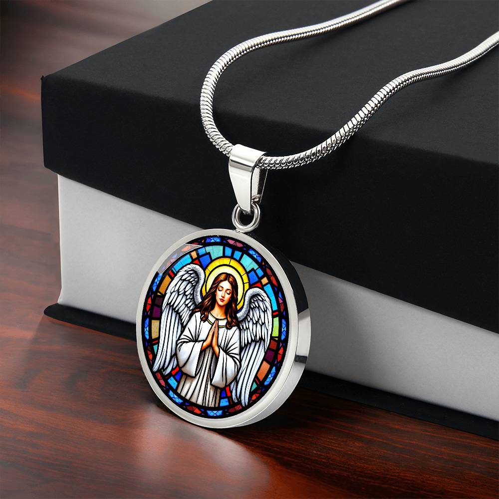 Guardian Angel Faux Stain Glass Pendant Necklace